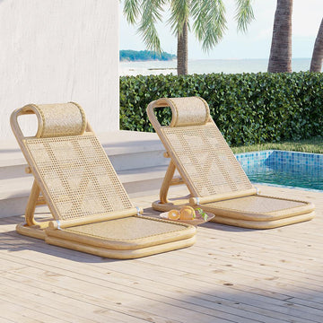 Scandinavian Rattan & Wood Outdoor Long Reclining Chaise Patio Lounge Chair in Natural